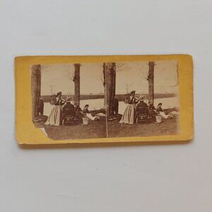 ANTIQUE STEREOGRAPH CARD Victorian Dress Outdoor Scenes Picnic